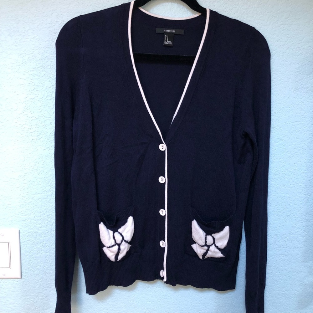 Forever 21 Blue V-neck Cardigan with Bow Pockets